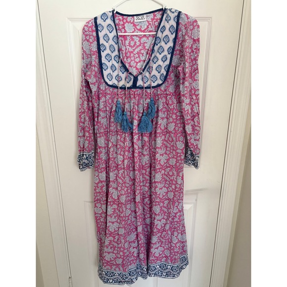 SZ Blockprints Floral Kaftan‎ Kitty Tasseled Boho Travel Dress Medium Women's - Picture 1 of 3